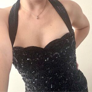 Vintage Nite Line Silk Halter Evening Gown Dress S Black Beaded Sequin Art Deco